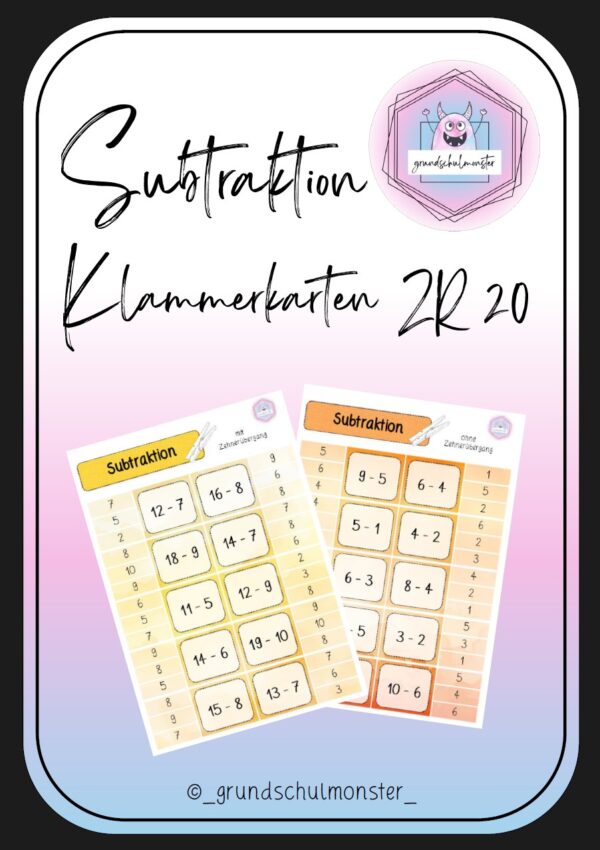Subtraktion Zahlenraum 20 - Klammerkarten
