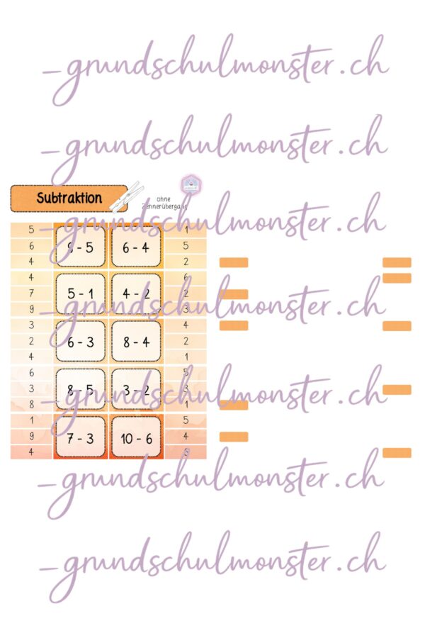 Subtraktion Zahlenraum 20 - Klammerkarten