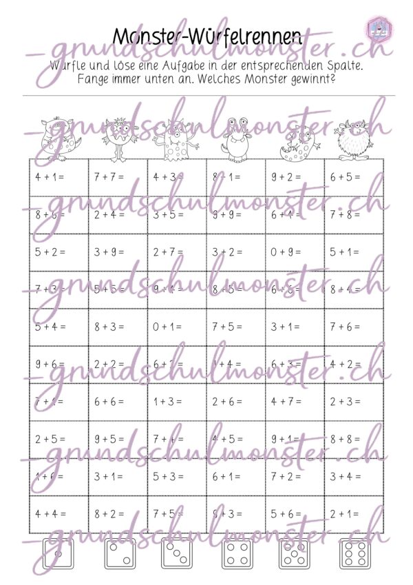 Addition Zahlenraum 20 - Würfelrennen
