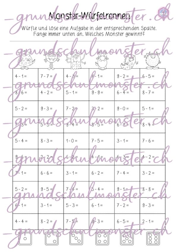 Subtraktion Zahlenraum 20 - Würfelrennen