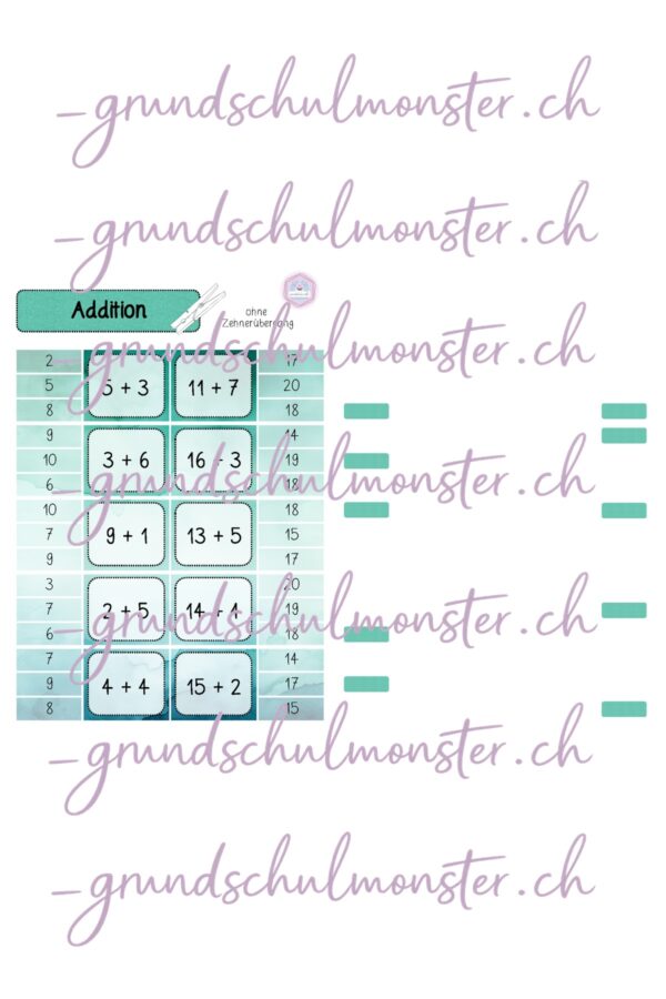 Addition Zahlenraum 20 - Klammerkarten