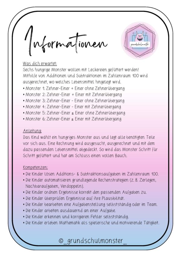 Monsterfütterung ZE±E - Zahlenraum 100