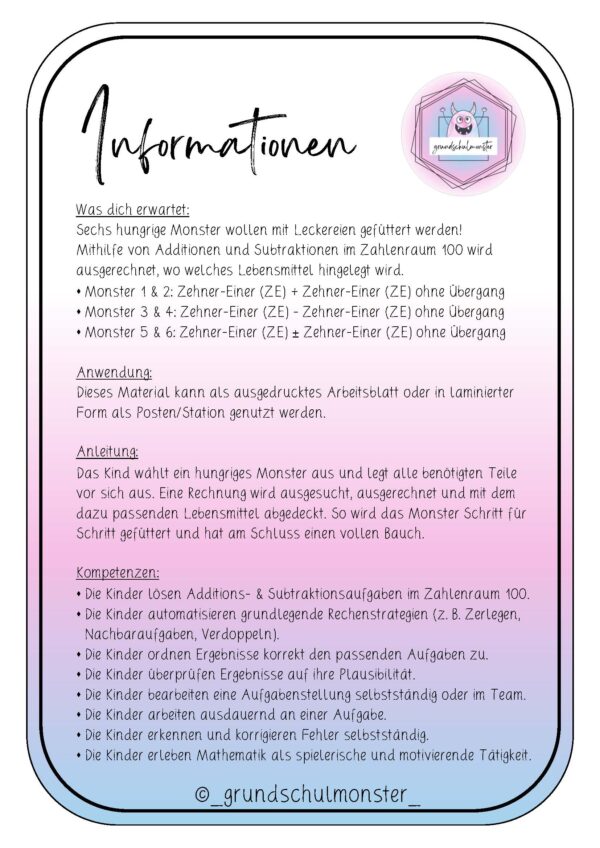Monsterfütterung ZE±ZE m. ZÜ - Zahlenraum 100