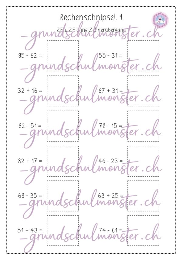 Rechenschnipsel 3 - ZE ± ZE o. ZÜ.