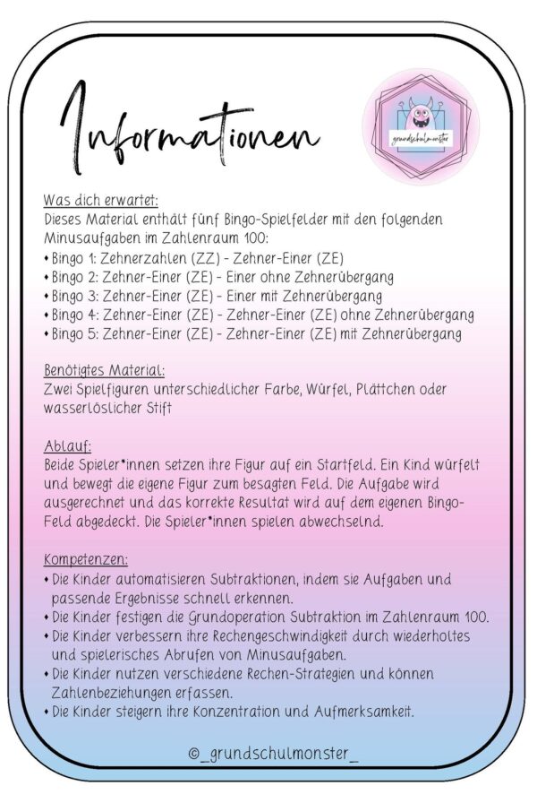 Subtraktion Zahlenraum 100 - Bingo
