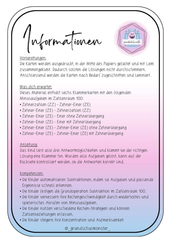 Klammerkarten_Subtraktion_ZR100_Seite_2 Subtraktion Zahlenraum 100 - Klammerkarten