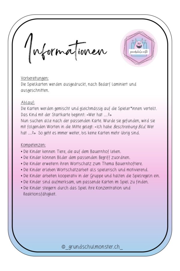 Bauernhoftiere - Spiel "Ich habe, wer hat"